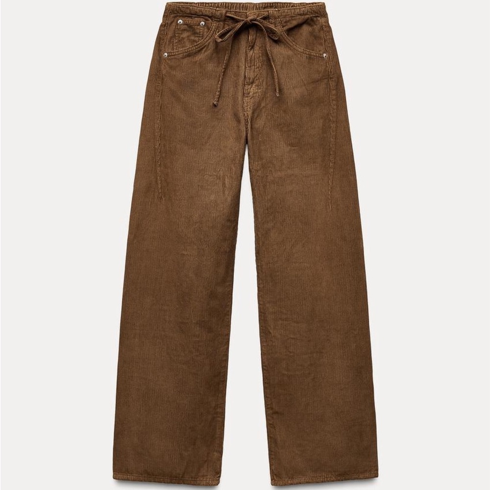 Zara Drawstring Brown Corduroy Wide-Leg Pants 26(US4)